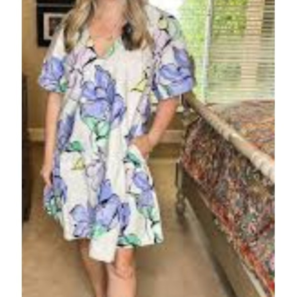 A New Day Mini Tiered Dress Womens‎ XL Short Puff Sleeve Vneck Lilac Green Cream